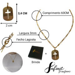 kit Corrente Figaro 3x1 60cm com Medalha Crucifixo Banhado a Ouro 18k+Pulseira figaro Brinde - Infinit Semijoias