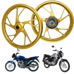 Par de rodas de liga leve dianteira/traseira CG titan fan 150/160/125 tambor dourada todos os anos ( completa com rolamentos)