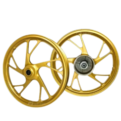 Par de rodas de liga leve dianteira/traseira CG titan fan 150/160/125 tambor dourada todos os anos ( completa com rolamentos) - mercadão das motos