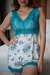 Pijama LUA short doll de liganete estampa flores azul turquesa - loja online