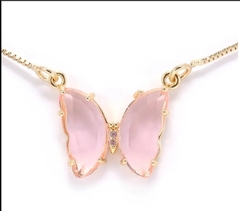 colar borboleta rosa banhado no ouro 18k