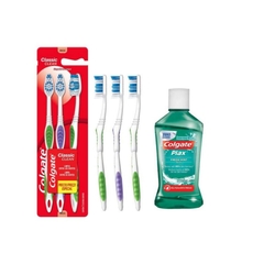 Kit Plax Enxaguante Bucal 60ml + 3 Escovas Colgate Classic Clean