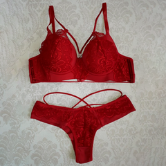 Conjunto Vermelho Strappy Balconet Com Renda Vermelha