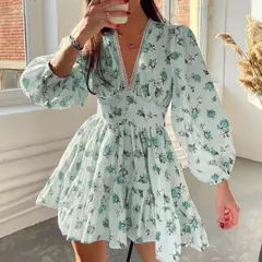 Vestido Mini Floral PAVEHAWK - Manga Comprida e Decote V na internet