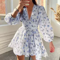 Vestido Mini Floral PAVEHAWK - Manga Comprida e Decote V na internet