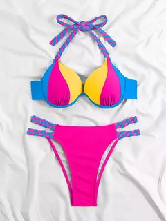 Biquíni Halter Push Up DSS: Sexy Swimwear Colorblock - LOJA RR MODAS