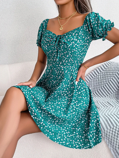 Lusmay Vestido Estampado: Casual com Babados e Manga Curta