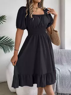 Lusmay Vestido Elegante: Cintura Alta com Gola Quadrada - LOJA RR MODAS