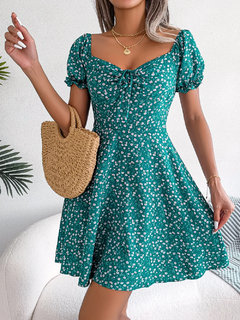 Lusmay Vestido Estampado: Casual com Babados e Manga Curta