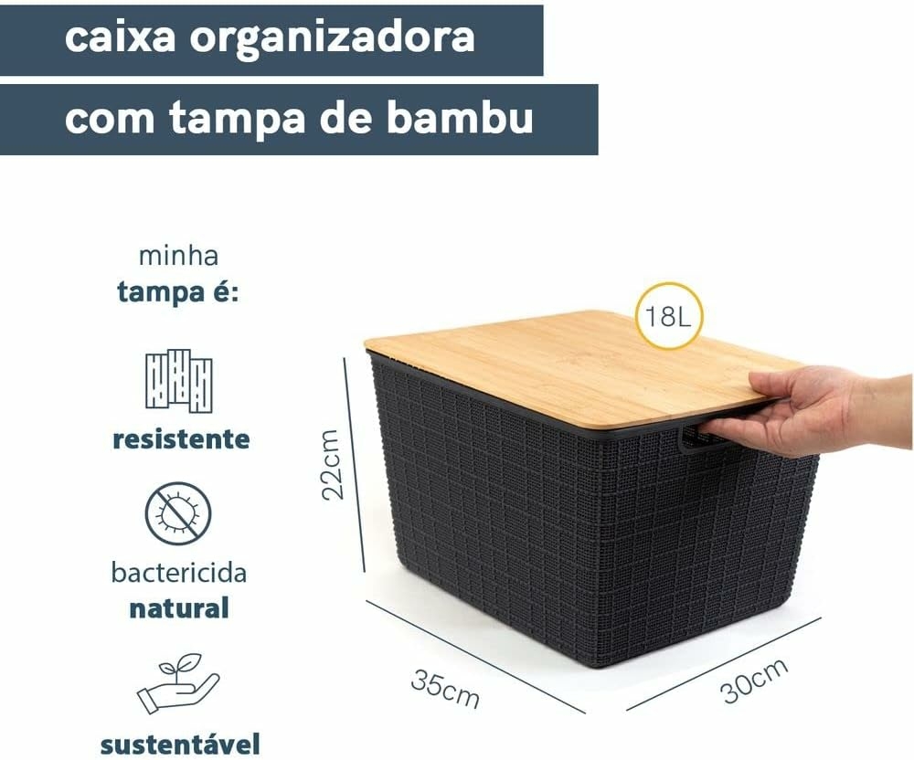 Kit 3 Caixas Organizadoras Cinza com Tampa Bambu - P,M e G