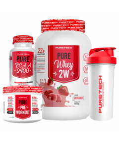 COMBO - Whey Pure 2W 900g + BCAA 2400 120 Cáps + Pré-treino 100g + Coqueteleira 600ml - PureTech