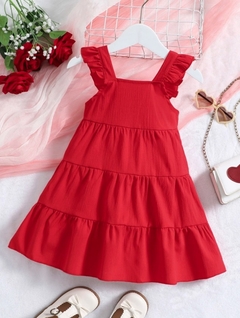 Niñas Vestido ribete con fruncido color rojo