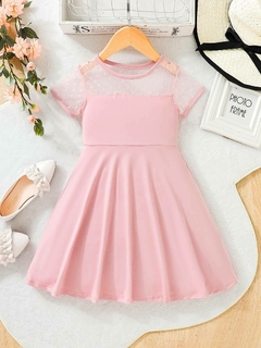 Adorable escote de malla, vestido rosa suelto