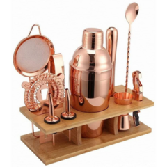 Juego Coctelera Acero Inoxidable Kit Bar Con Estante De Madera Cuadrado 11 Piezas Rose Gold