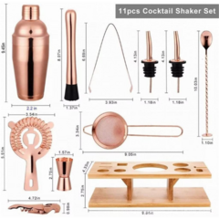 Juego Coctelera Acero Inoxidable Kit Bar Con Estante De Madera Cuadrado 11 Piezas Rose Gold en internet