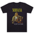 Camiseta negra con la imagen de Kurt Cobain de Nirvana tocando la guitarra y texto en amarillo.