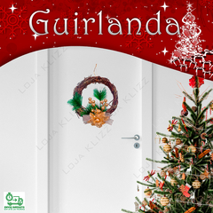 Guirlanda de Natal Decorada 30cm Flor Dourada Laço Luxo - KLIZZ