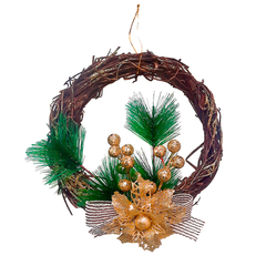 Guirlanda de Natal Decorada 30cm Flor Dourada Laço Luxo