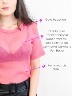 Blusa Feminina Tule Transparente Brilho Camisa Glitter Festa