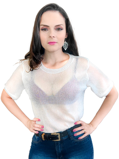 Blusa Feminina Tule Transparente Brilho Camisa Glitter Festa - loja online