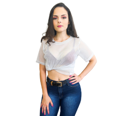 Cropped Blusa Feminina Slim Transparente Brilho Festa Moda - KLIZZ