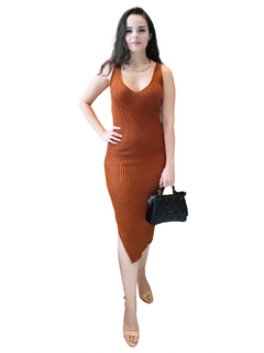 Vestido Feminino Midi Trico Modal Canelado Fenda Básico