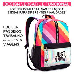 Mochila Escolar Bolsa Juvenil Just Now Holográfica Espaçosa na internet