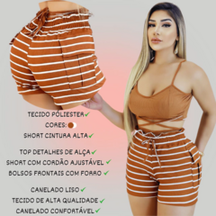 Conjunto Feminino Top com Alça e Short Ajustável Marron Listrado - LOJAN2