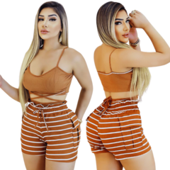 Conjunto Feminino Top com Alça e Short Ajustável Marron Listrado