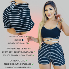 Conjunto Feminino Top com Alça e Short Ajustável Preto Listrado - LOJAN2