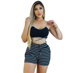 Imagem do Conjunto Feminino Top com Alça e Short Ajustável Preto Listrado