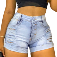 Imagem do Short Jeans Feminino Cintura Alta Modelo Detonado.