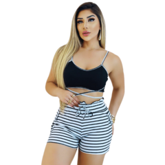 Imagem do Conjunto Feminino Top com Alça e Short Ajustável Branco Listrado