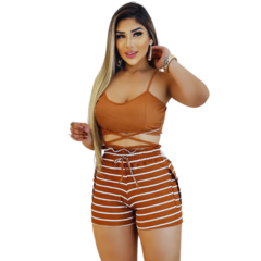 Imagem do Conjunto Feminino Top com Alça e Short Ajustável Marron Listrado