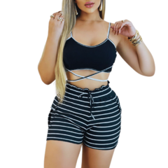 Conjunto Feminino Top com Alça e Short Ajustável Preto Listrado na internet