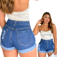 Short Jeans Feminino Barra Dobrada Cintura Alta Cor Azul Tecido 100% Algodão na internet