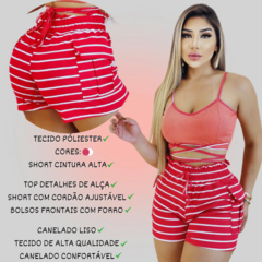 Conjunto Feminino Top com Alça e Short Ajustável Pink Listrado - LOJAN2