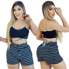 Conjunto Feminino Top com Alça e Short Ajustável Preto Listrado