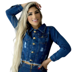 Jaqueta Jeans Feminina Escura Destroyed