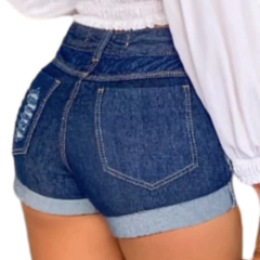 Short Jeans Feminino Cintura Alta Modelo Detonado Cor Azul Marinho 100% Algodão.