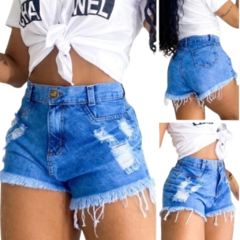 Short Jeans Feminino Cintura Alta Modelo Detonado Acabamento Premium Tecido Algodão - LOJAN2