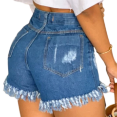 Short Jeans Feminino Cintura Alta Modelo Detonado Cor Azul 100% de Algodão - comprar online