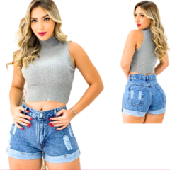 Imagem do Short Jeans Feminino Barra Dobrada Cintura Alta Destroyed.