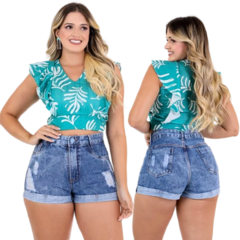 Short Jeans Feminino Barra Dobrada Cintura Alta Destroyed.