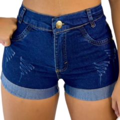 Short Jeans Feminino Cintura Alta Modelo Detonado Cor Azul Escuro 100% de Algodão - comprar online