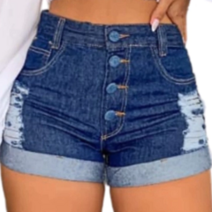 Short Jeans Feminino Cintura Alta Modelo Detonado Cor Azul Marinho 100% Algodão.