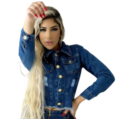 Jaqueta Jeans Feminina Escura Destroyed na internet