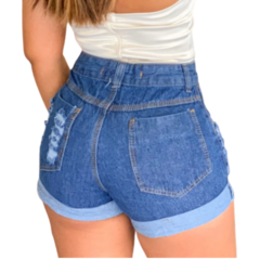 Short Jeans Feminino Barra Dobrada Cintura Alta Cor Azul Tecido 100% Algodão - LOJAN2