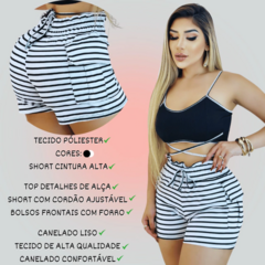 Conjunto Feminino Top com Alça e Short Ajustável Branco Listrado - LOJAN2