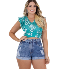 Short Jeans Feminino Barra Dobrada Cintura Alta Destroyed.